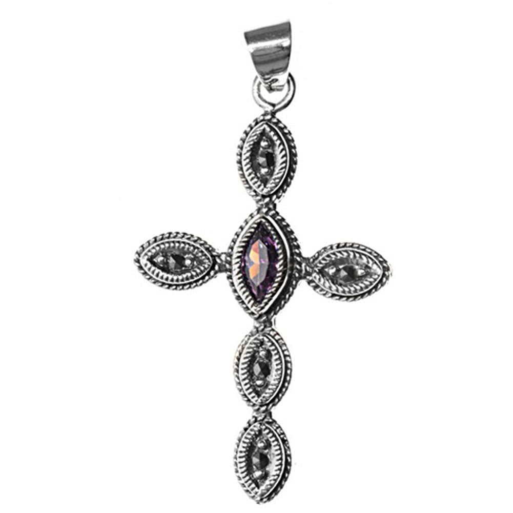 Studded Marquise Cross Pendant Simulated Amethyst .925 Sterling Silver Charm