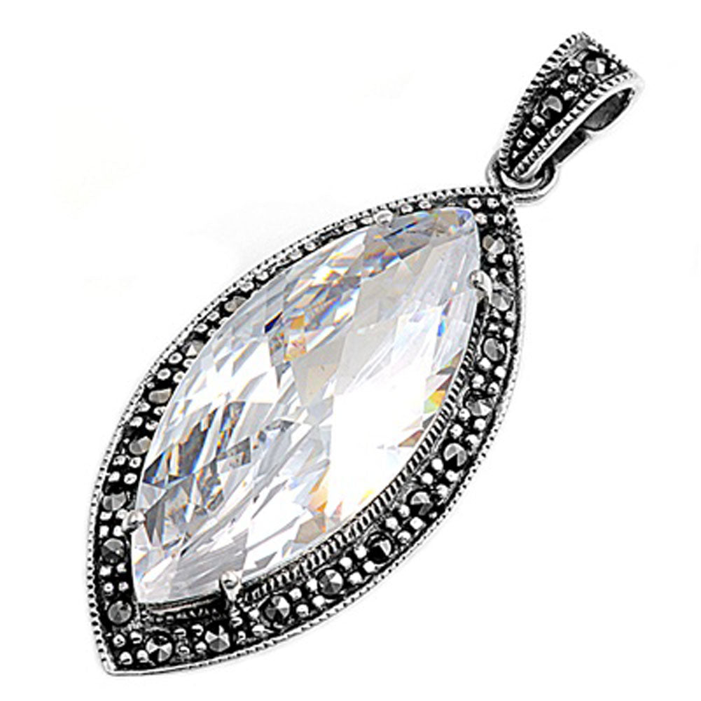 Bali Style Marquise Pendant Clear Simulated CZ .925 Sterling Silver Rope Charm