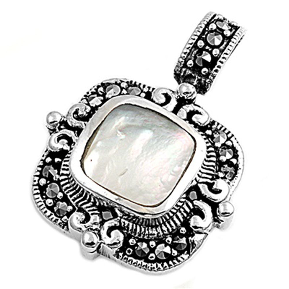 Sterling Silver Ornate Filigree Swirl Square Pendant Simulated Marcasite Charm