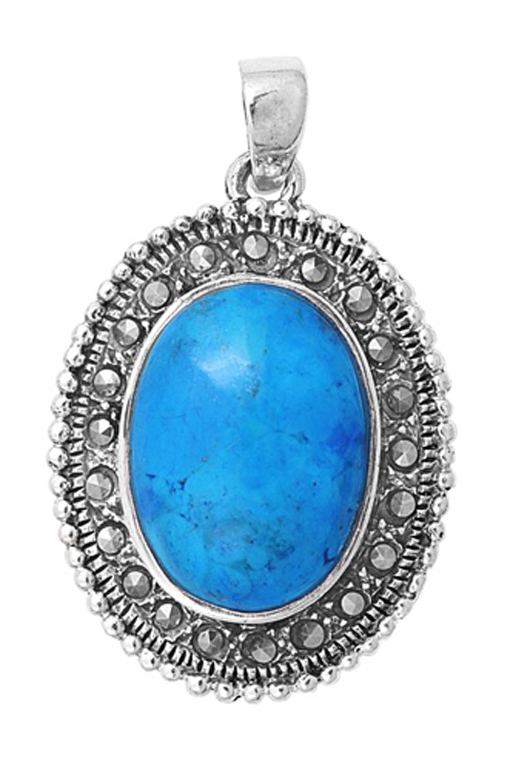 Classic Oval Bead Halo Pendant Simulated Turquoise .925 Sterling Silver Charm