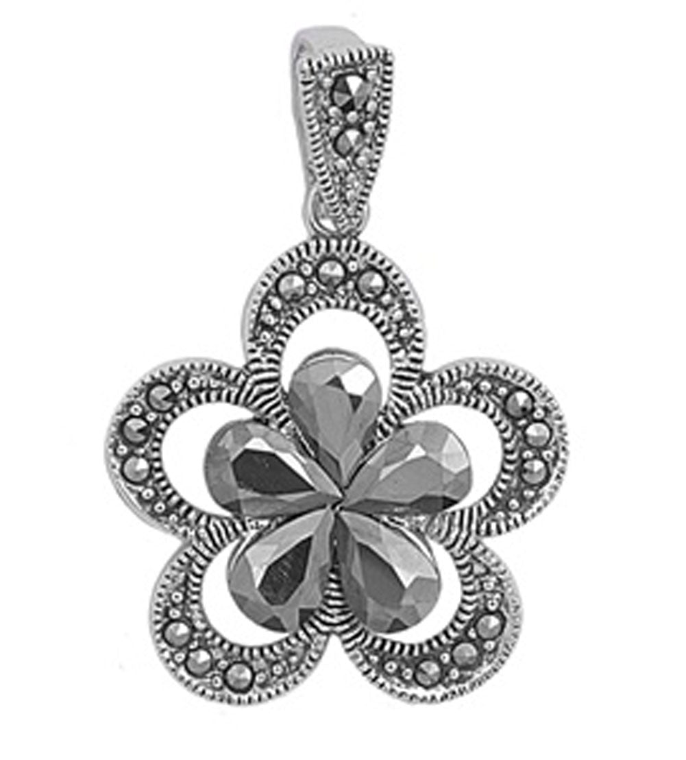 Sterling Silver Teardrop Cutout Double Flower Pendant Simulated Marcasite Charm