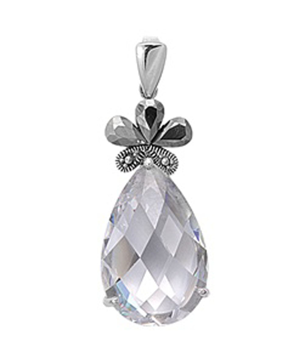 Angled Teardrop Flower Pendant Clear Simulated CZ .925 Sterling Silver Charm
