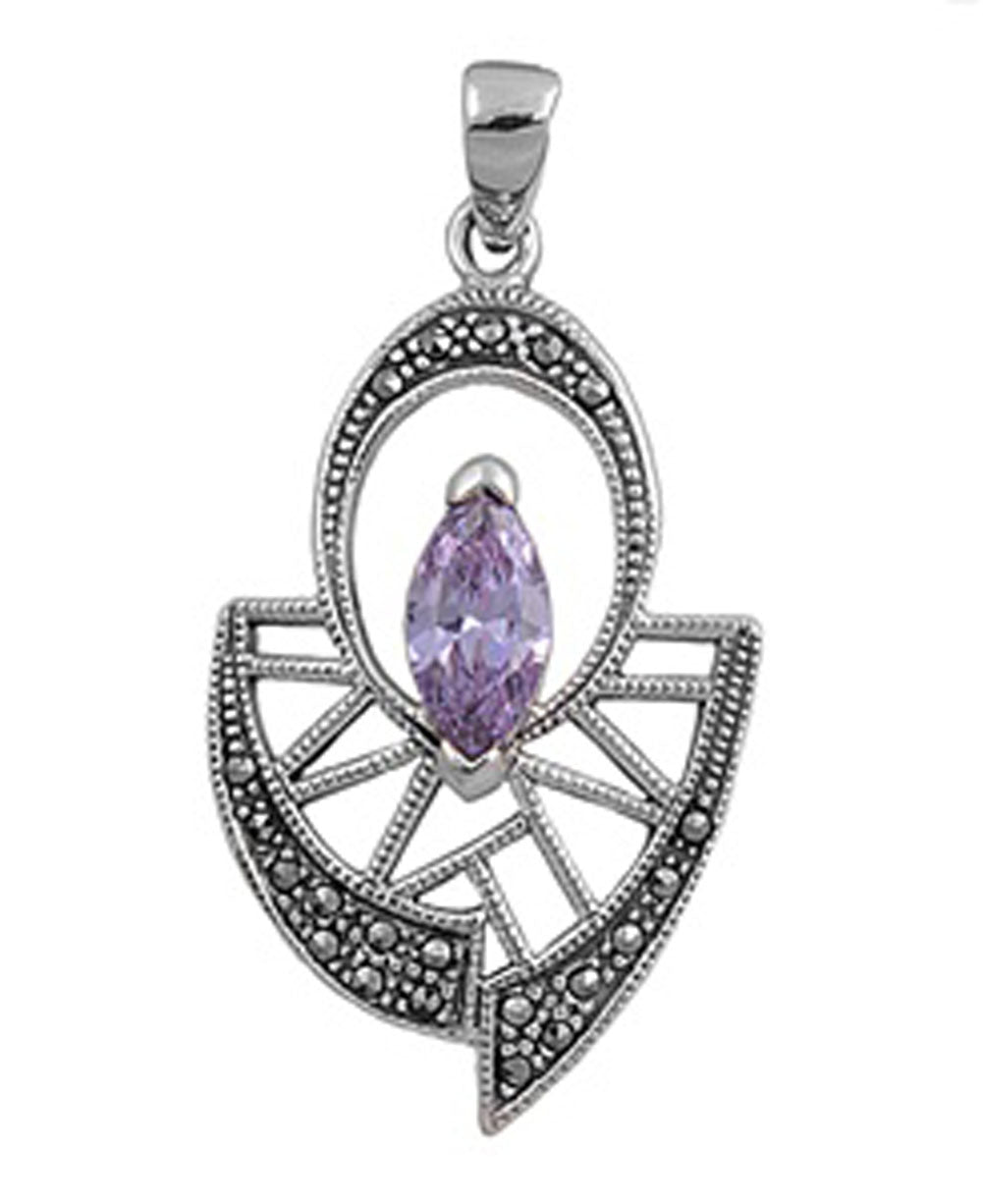 Sterling Silver Geometric Art Deco Cluster Rope Simulated Lavender Pendant Charm