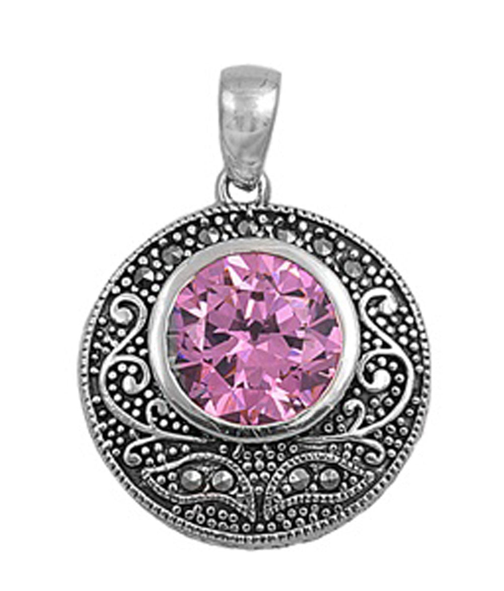 Solitaire Filigree Swirl Pendant Pink Simulated CZ .925 Sterling Silver Charm