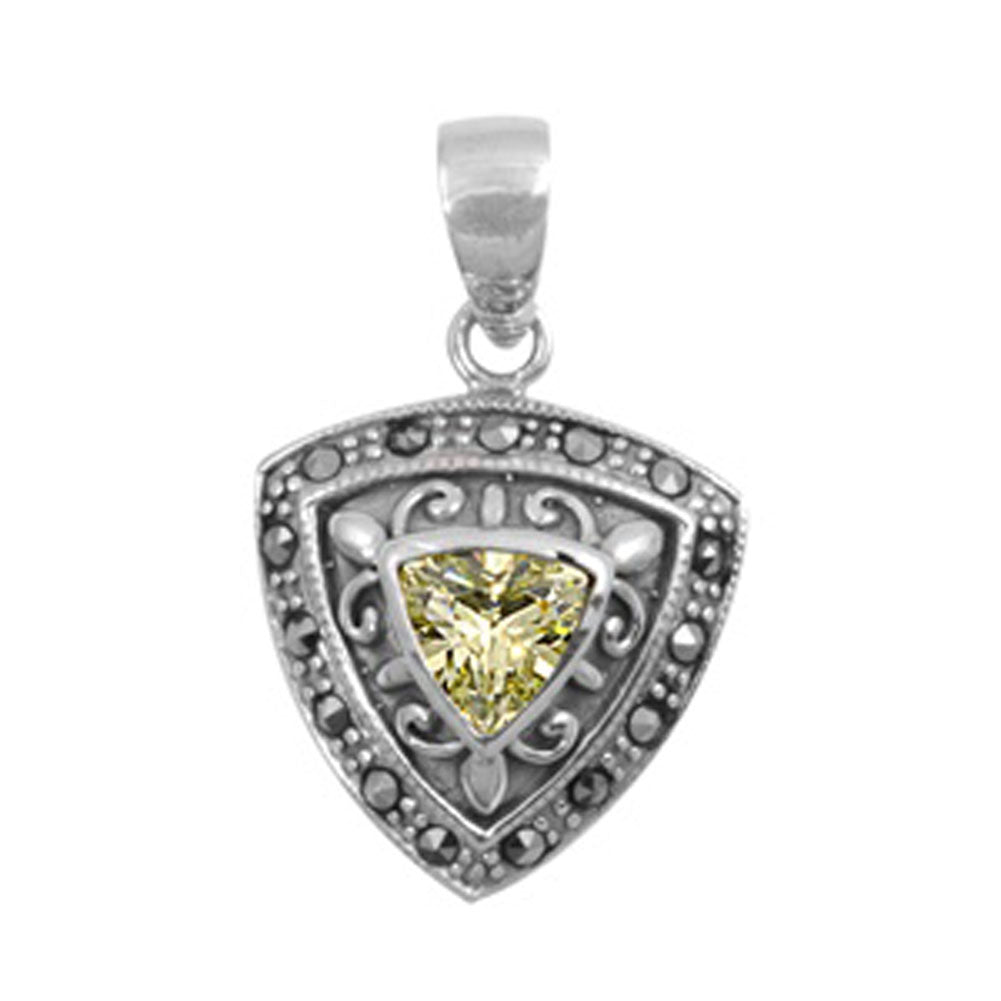 Sterling Silver Rounded Renaissance Triangle Pendant Simulated Peridot Charm