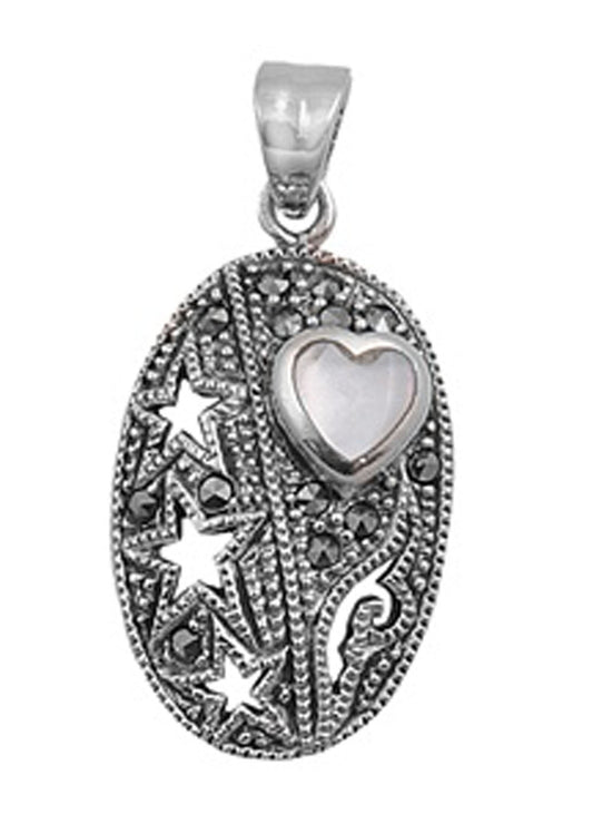 Oval Heart Shield Pendant Simulated Mother of Pearl .925 Sterling Silver Charm