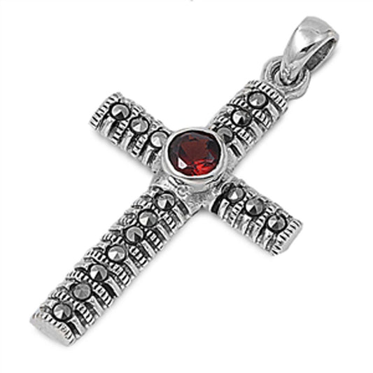 Gothic Medieval Ornate Cross Pendant Simulated Garnet .925 Sterling Silver Charm