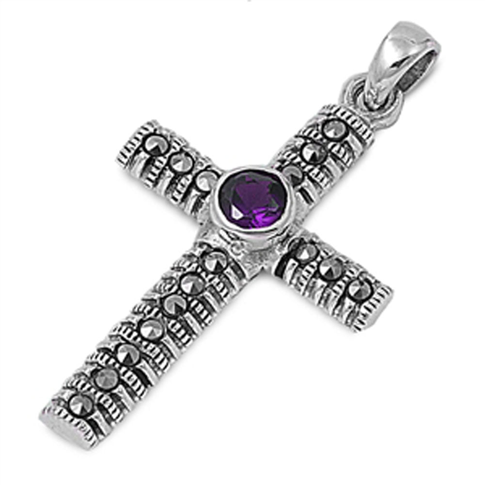 Medieval Ornate Cross Pendant Simulated Amethyst .925 Sterling Silver Charm