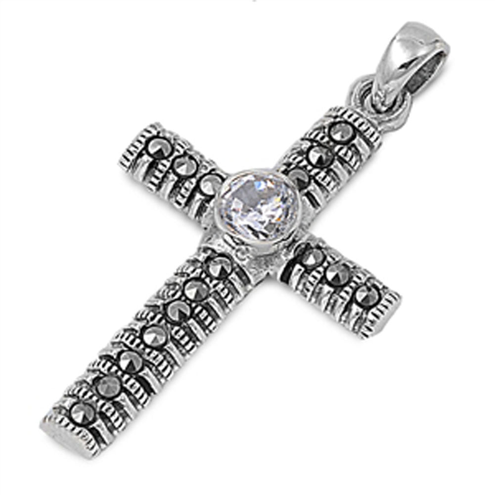 Studded Solitaire Cross Pendant Clear Simulated CZ .925 Sterling Silver Charm