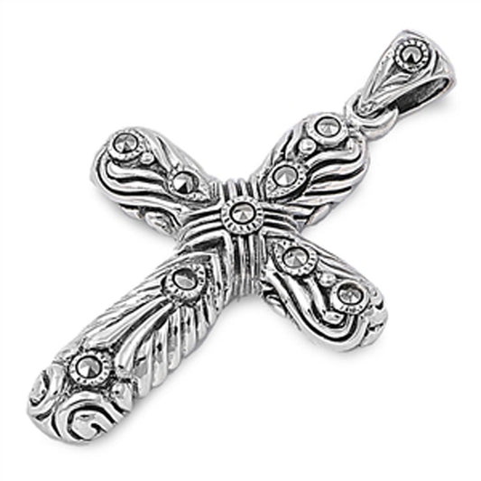 Sterling Silver Fancy Detailed Vine Cross Sun Simulated Marcasite Pendant Charm