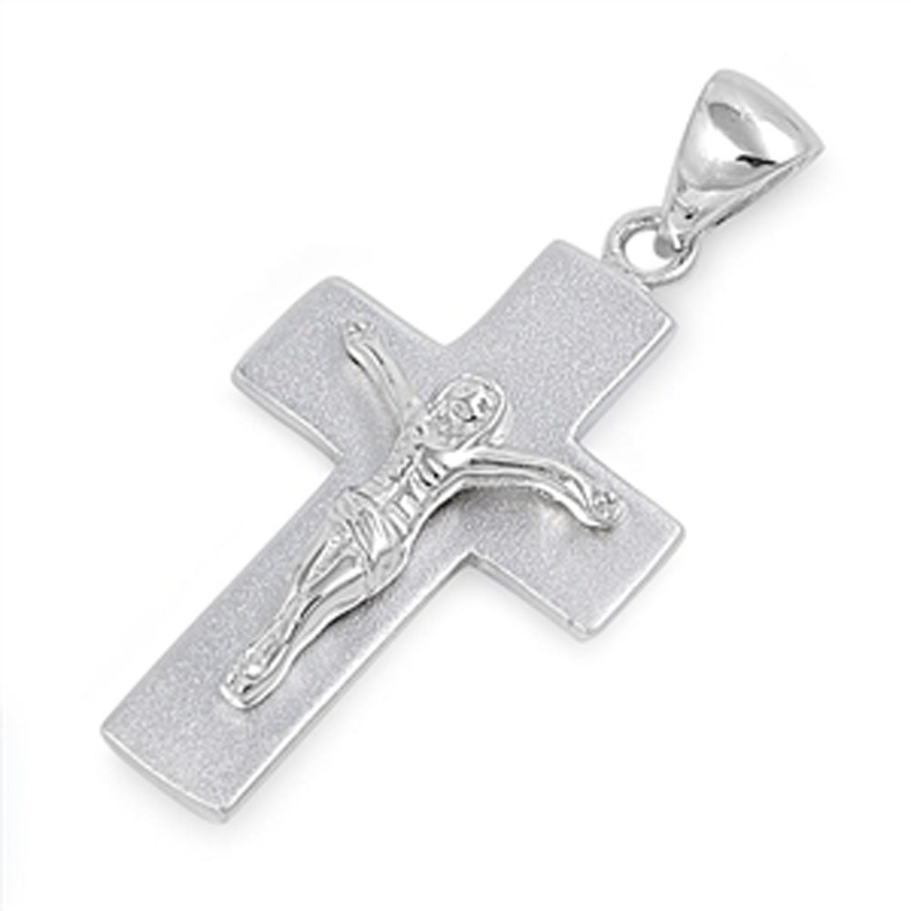Crucifix Wide Traditional Cross Pendant .925 Sterling Silver Jesus Bible Charm