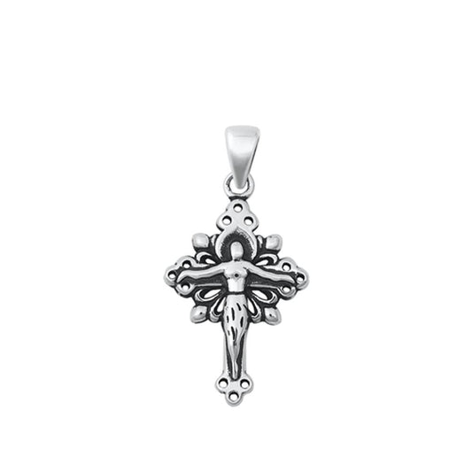 Crucifix Ornate Floral Cross Pendant .925 Sterling Silver Jesus Vintage Charm
