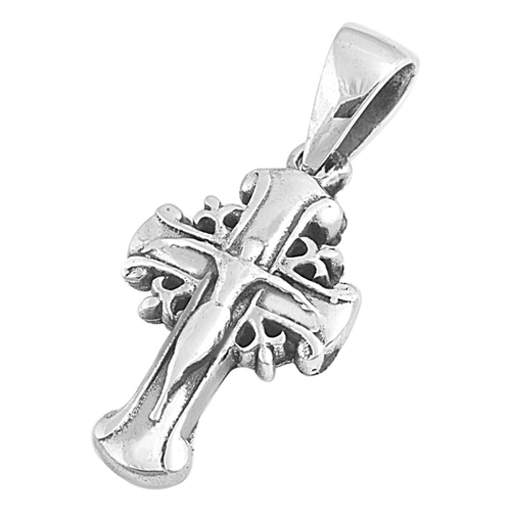 Cross Filigree Fleur De Lis Crucifix Pendant .925 Sterling Silver Jesus Charm