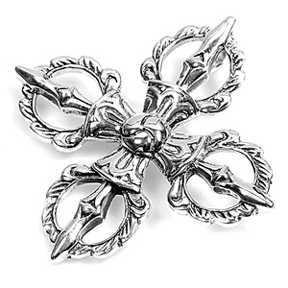 Ornate Flaming Cross Pendant .925 Sterling Silver Flower Spiked End Charm