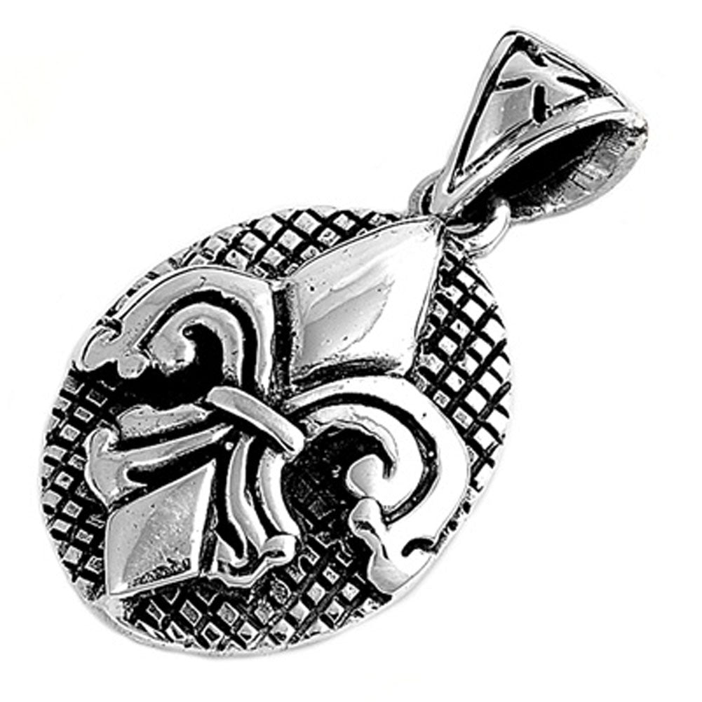 Fleur De Lis Medallion Pendant .925 Sterling Silver Cross Hatch French Charm