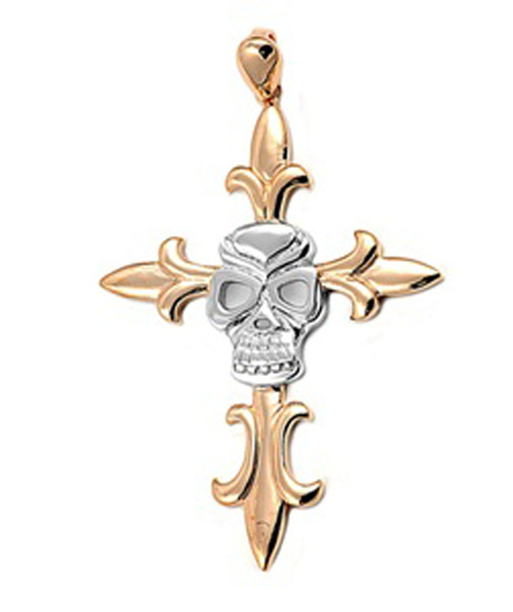 Gold-Tone Fleur De Lis Skull Cross Pendant .925 Sterling Silver Biker Charm