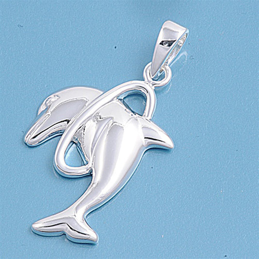 Animal Dolphin Jumping Hoop Pendant .925 Sterling Silver Trick Oval Swim Charm