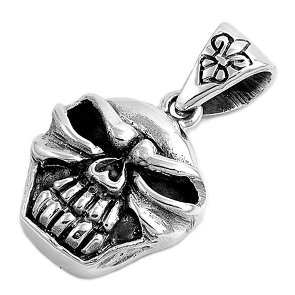 Fleur De Lis Oxidized Evil Skull Pendant .925 Sterling Silver Biker Horror Charm