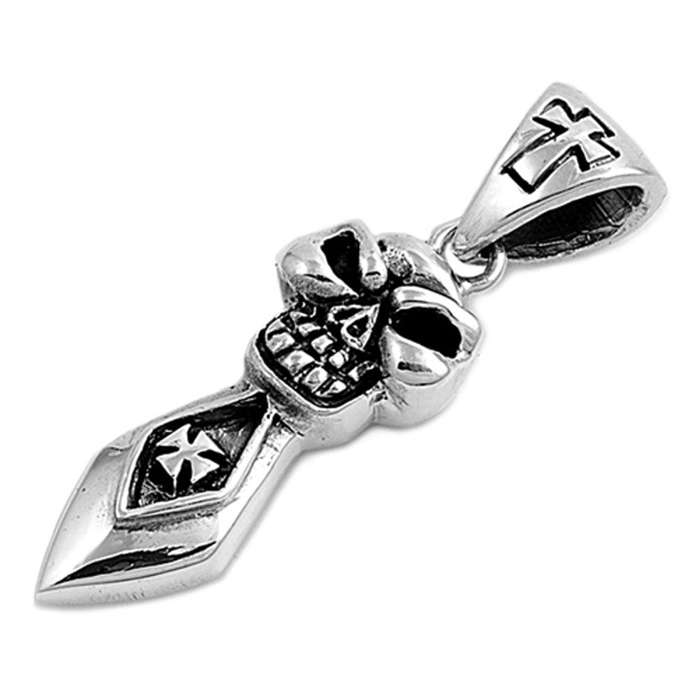 Cross Oxidized Evil Skull Dagger Pendant .925 Sterling Silver Biker Sword Charm