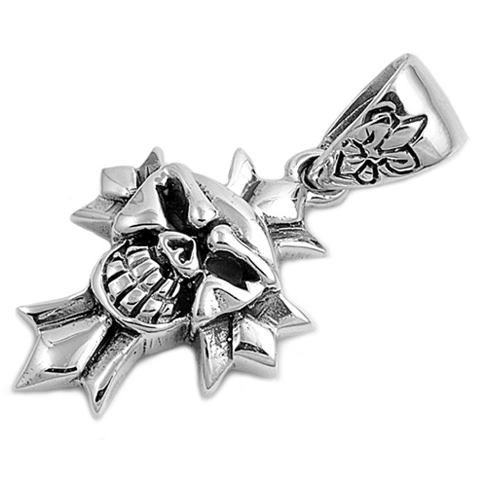 Spiked Cross Skull Pendant .925 Sterling Silver Fleur De Lis Biker Charm