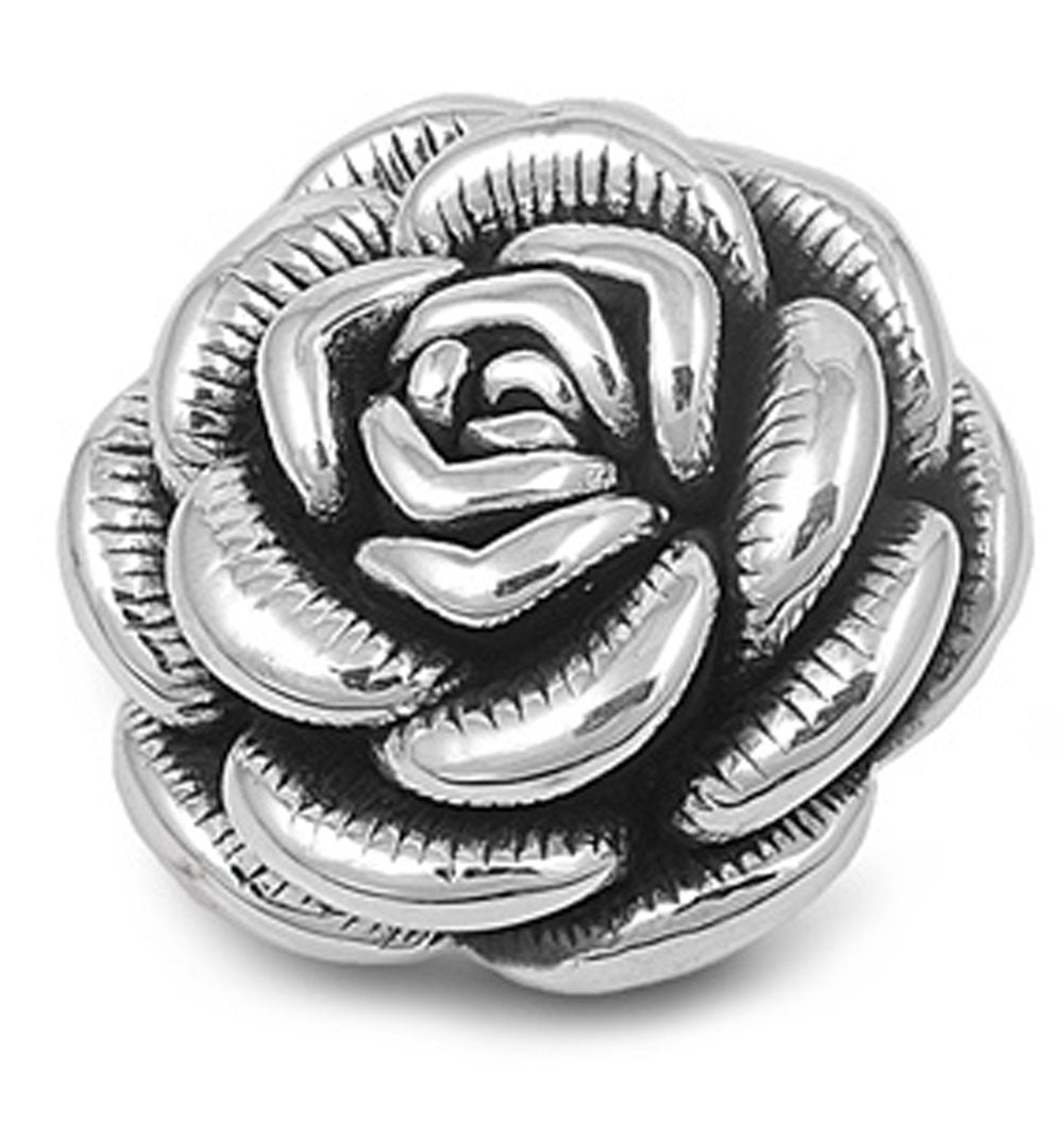 Flower Etched Petal Rose Pendant .925 Sterling Silver Tattoo Style Nature Charm