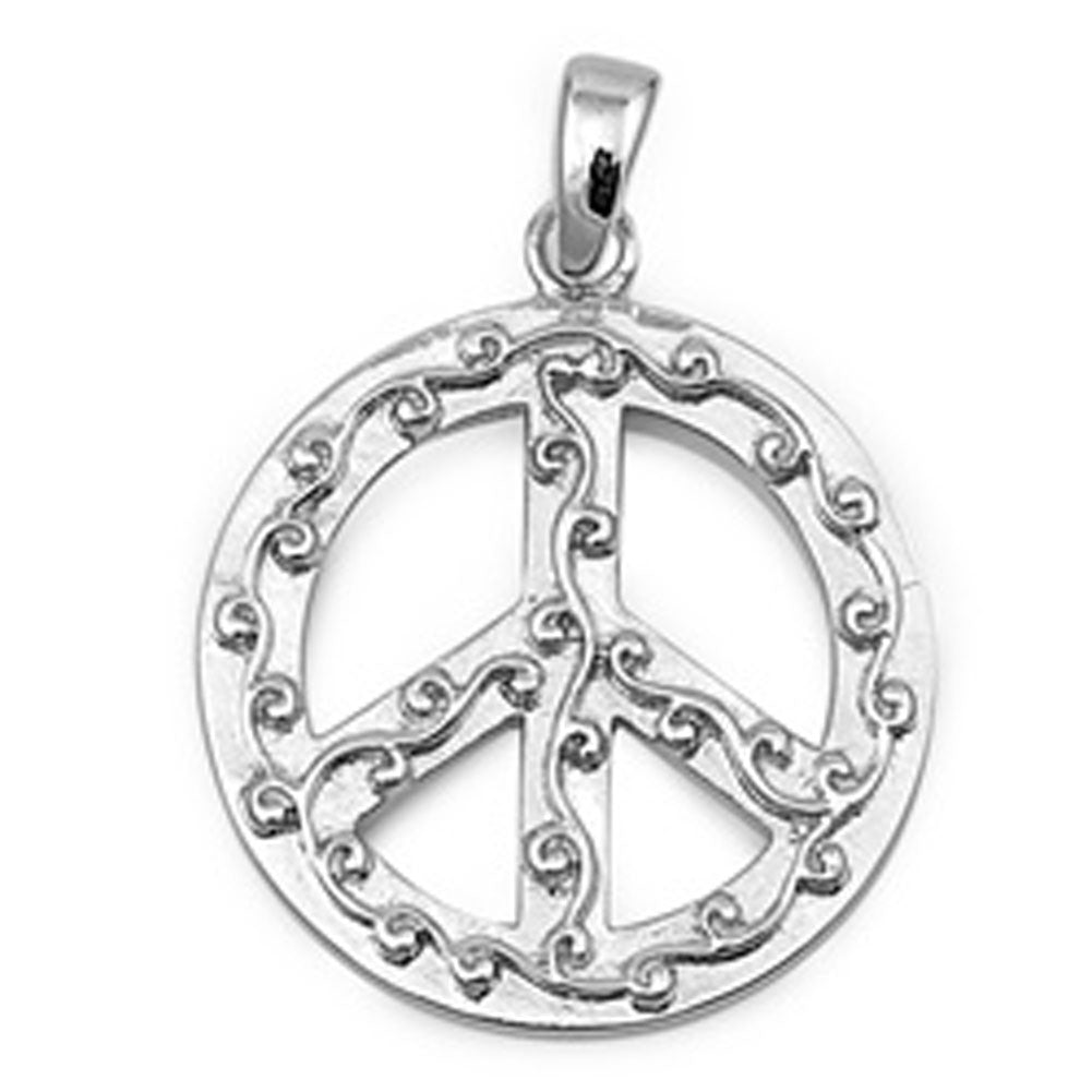 Filigree Swirl Peace Sign Pendant .925 Sterling Silver Vine Leaf Spiral Charm