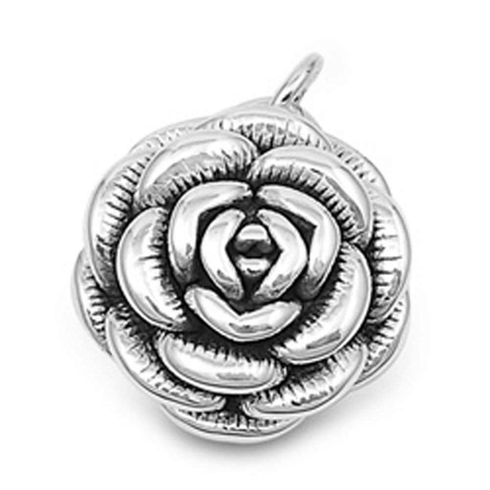Flower Etched Rose Pendant .925 Sterling Silver High Polish Realistic Leaf Charm