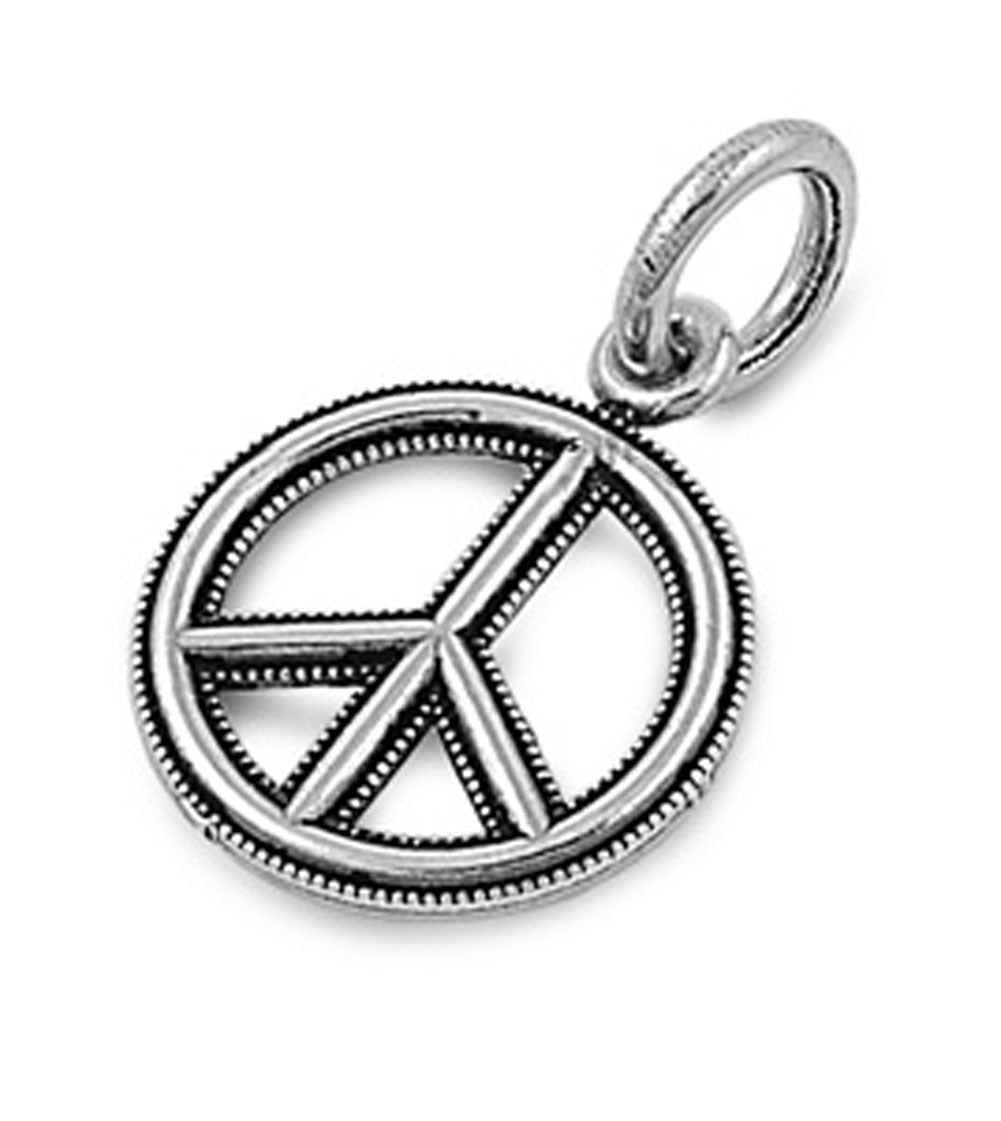 Peace Sign Pendant .925 Sterling Silver Bead Border Hippie Symbol Love Charm