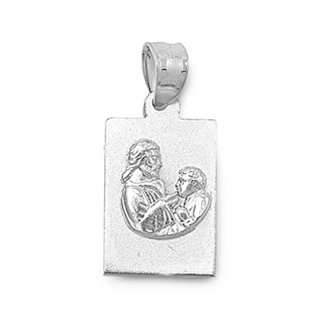 Religious Rectangle Pendant .925 Sterling Silver Jesus & Boy Holy Bible Charm