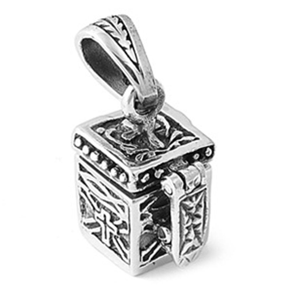 Ornate Detail Prayer Box Pendant .925 Sterling Silver Locket Pill Box Charm