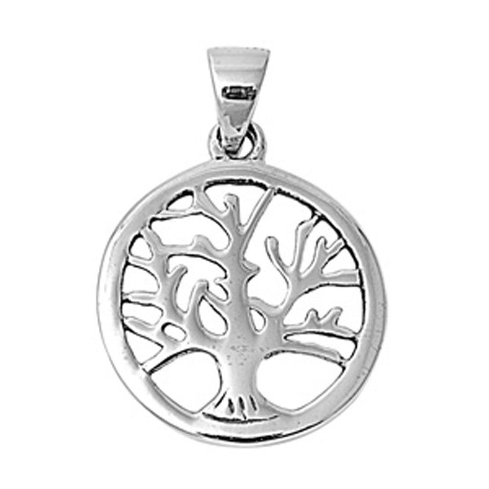High Polish Tree of Life Pendant .925 Sterling Silver Open Hoop Circle Charm