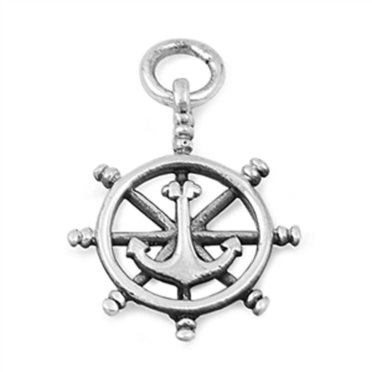 Anchor Steering Wheel Pendant .925 Sterling Silver Navy Ocean Pirate Ship Charm