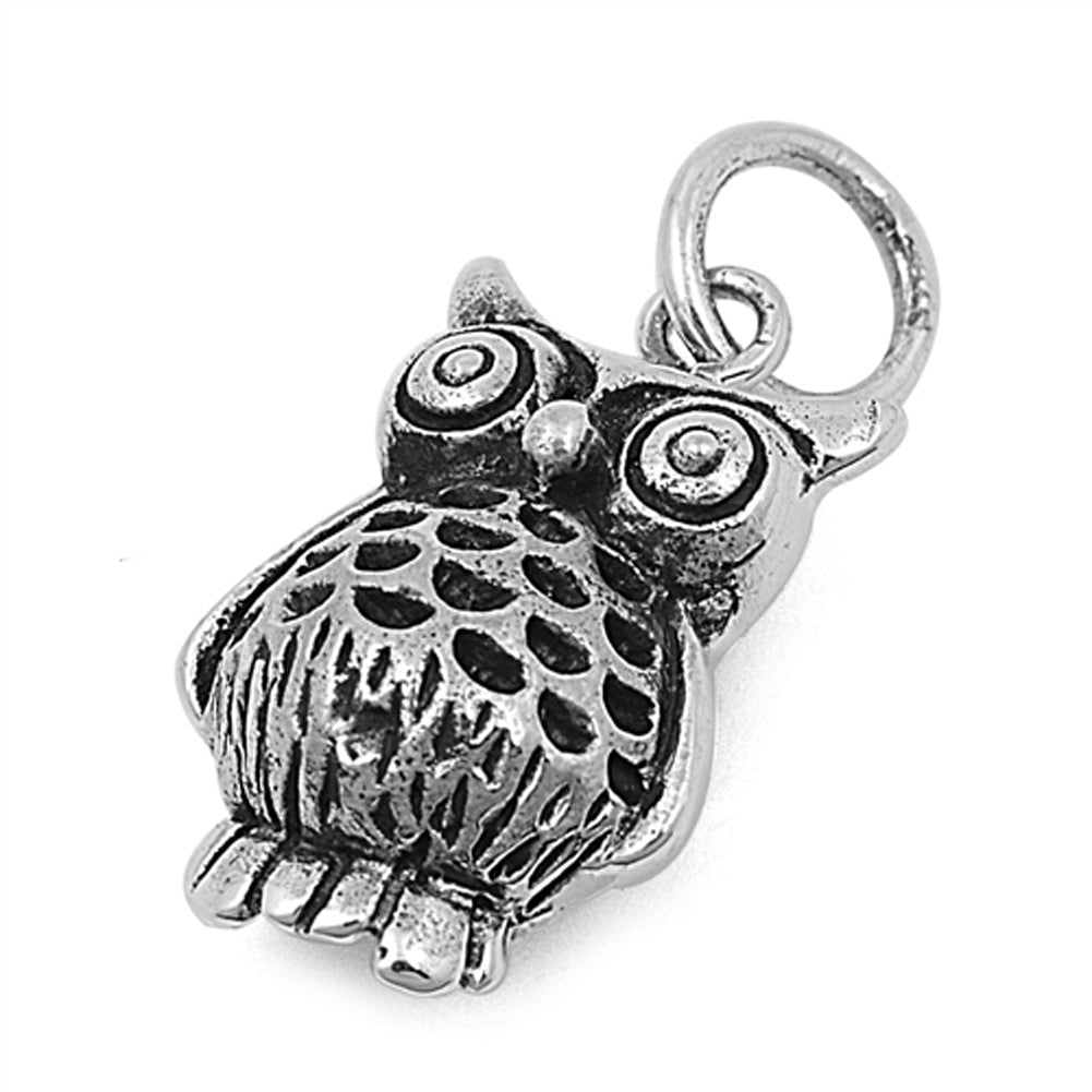 Feather Detailed Oxidized Owl Pendant .925 Sterling Silver Woodland Wisdom Charm