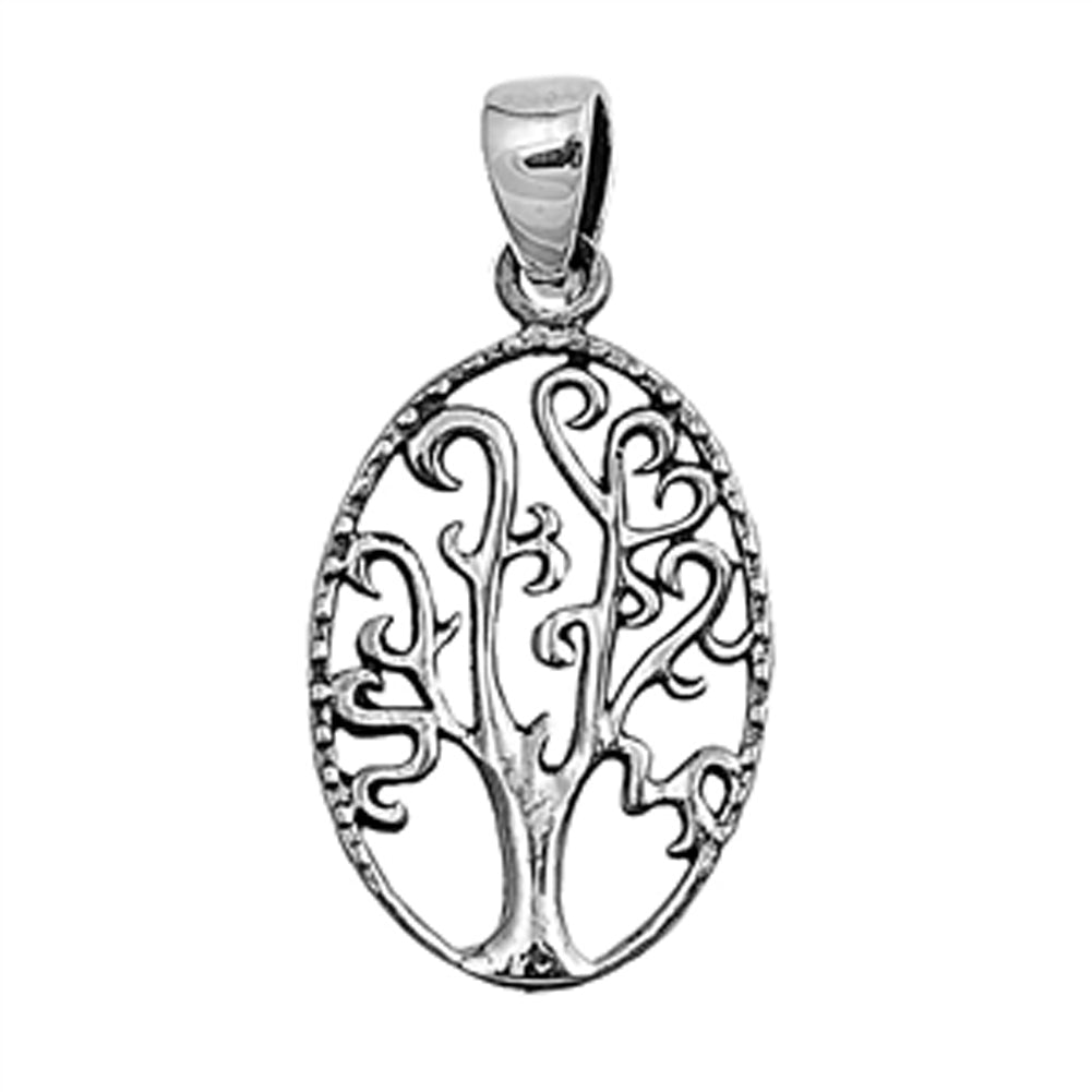 Oval Filigree Swirl Tree of Life Pendant .925 Sterling Silver Cutout Charm