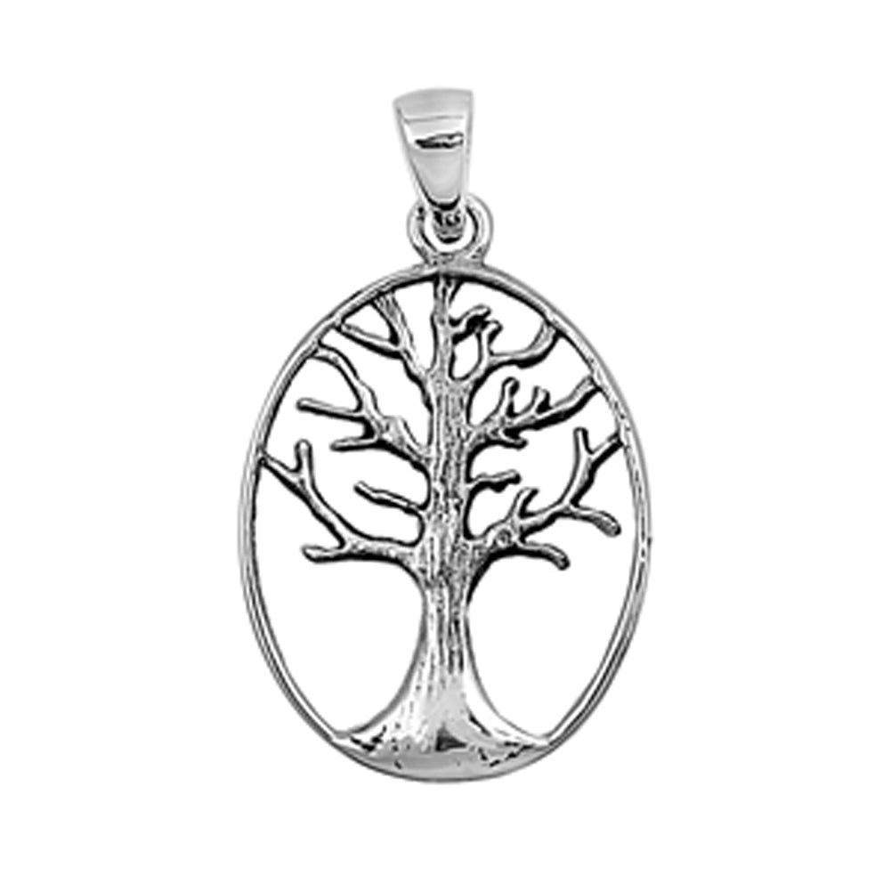 Oval Realistic Tree of Life Pendant .925 Sterling Silver Branch Leaf Charm