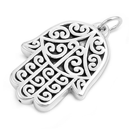 Filigree Swirl Spiral Hamsa Pendant .925 Sterling Silver Hand of God Charm