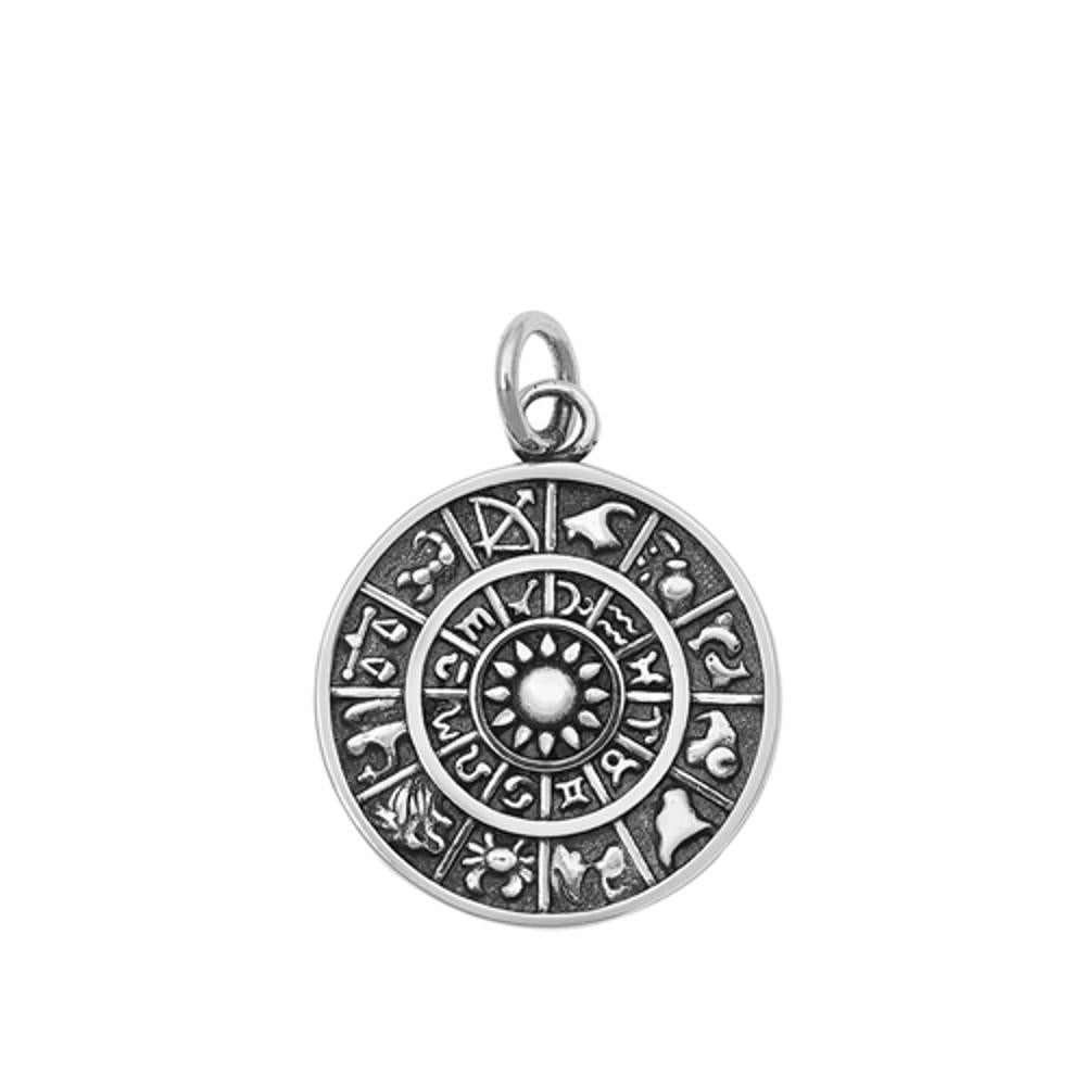 Detailed Oxidized Zodiac Calendar Pendant .925 Sterling Silver Sun Sign Charm