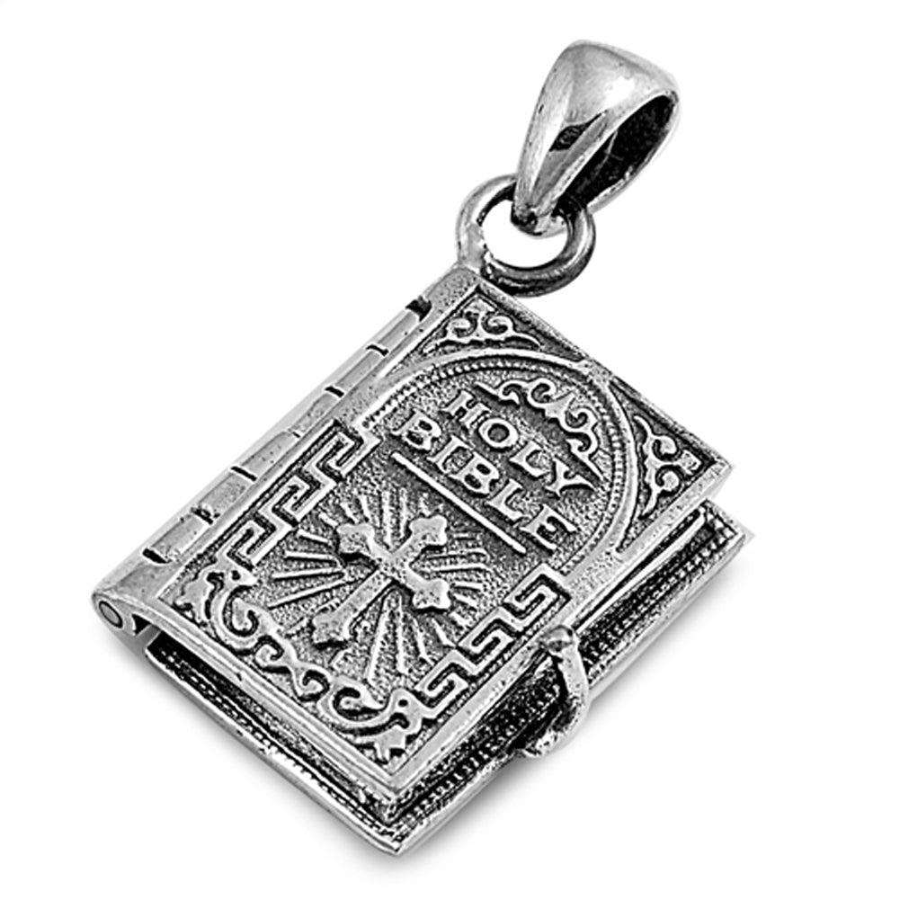 Oxidized Book Hinged Holy Bible Pendant .925 Sterling Silver Latch Cross Charm