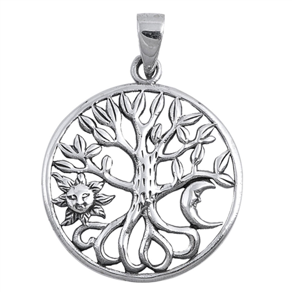 Sun Moon Celtic Tree of Life Pendant .925 Sterling Silver Leaf Nature Charm