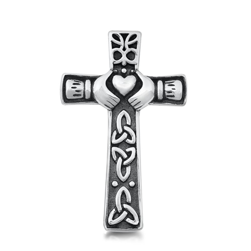 Sterling Silver Oxidized Celtic Cross Pendant Triquetra Knot Claddagh Charm 925
