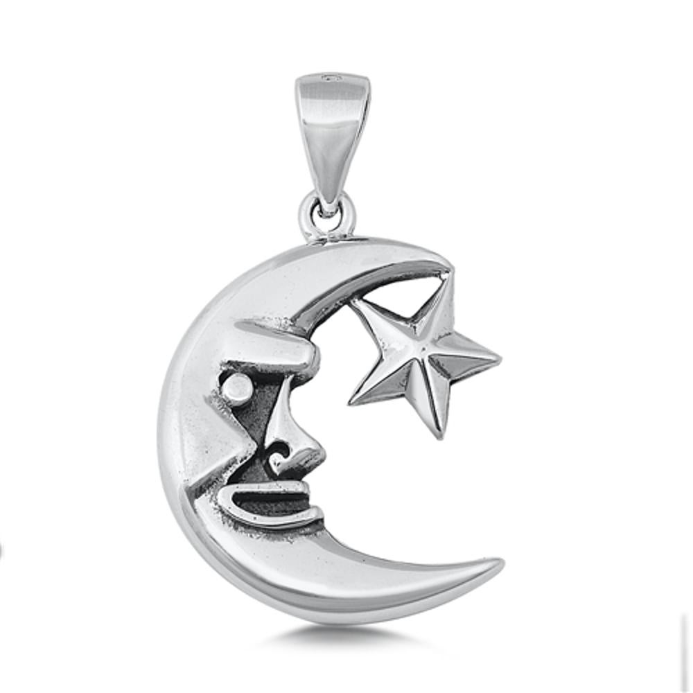 Sterling Silver Crescent Moon Pendant Face Star Unique Night Sky Charm 925 New