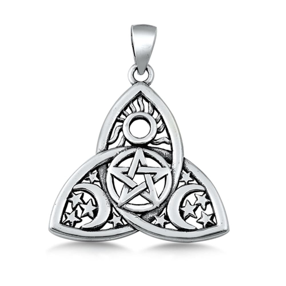 Sterling Silver Unique Pentagram Triquetra Pendant Crescent Moon Star Sun Charm
