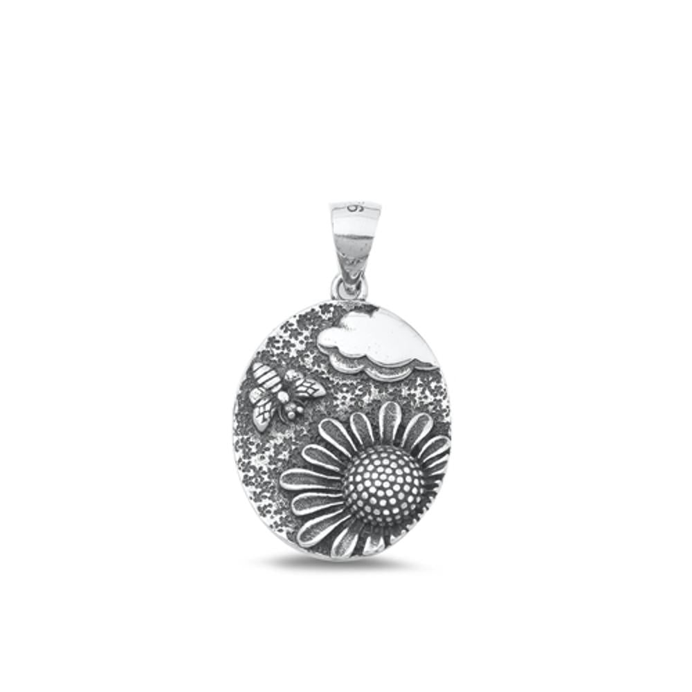 Sterling Silver Classic Sunflower & Bee Pendant Oxidized High Polished Charm 925