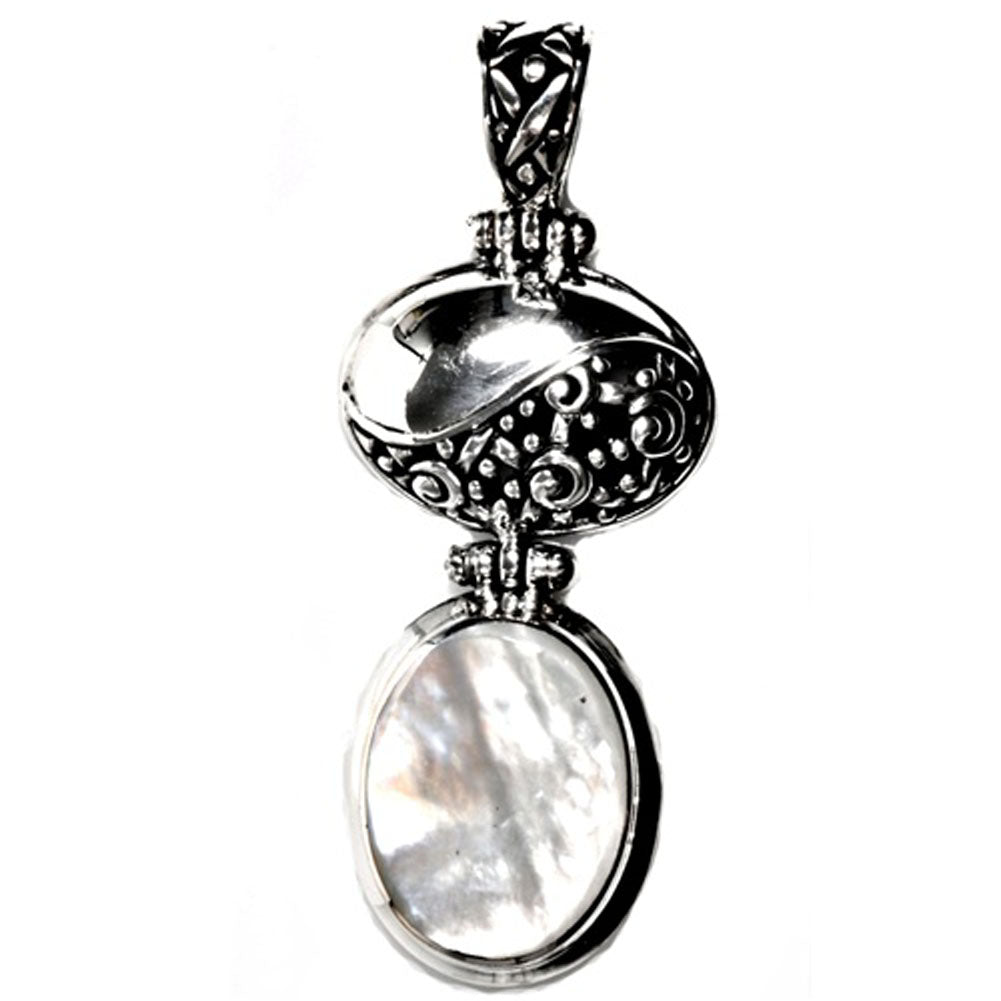 Sterling Silver Intricate Oval Dangle Pendant Simulated Mother of Pearl Charm
