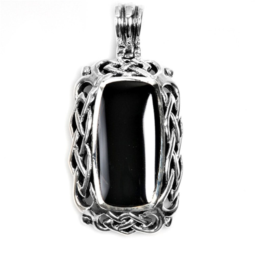 Sterling Silver Braided Elegant Rectangle Pendant Black Simulated Onyx Charm