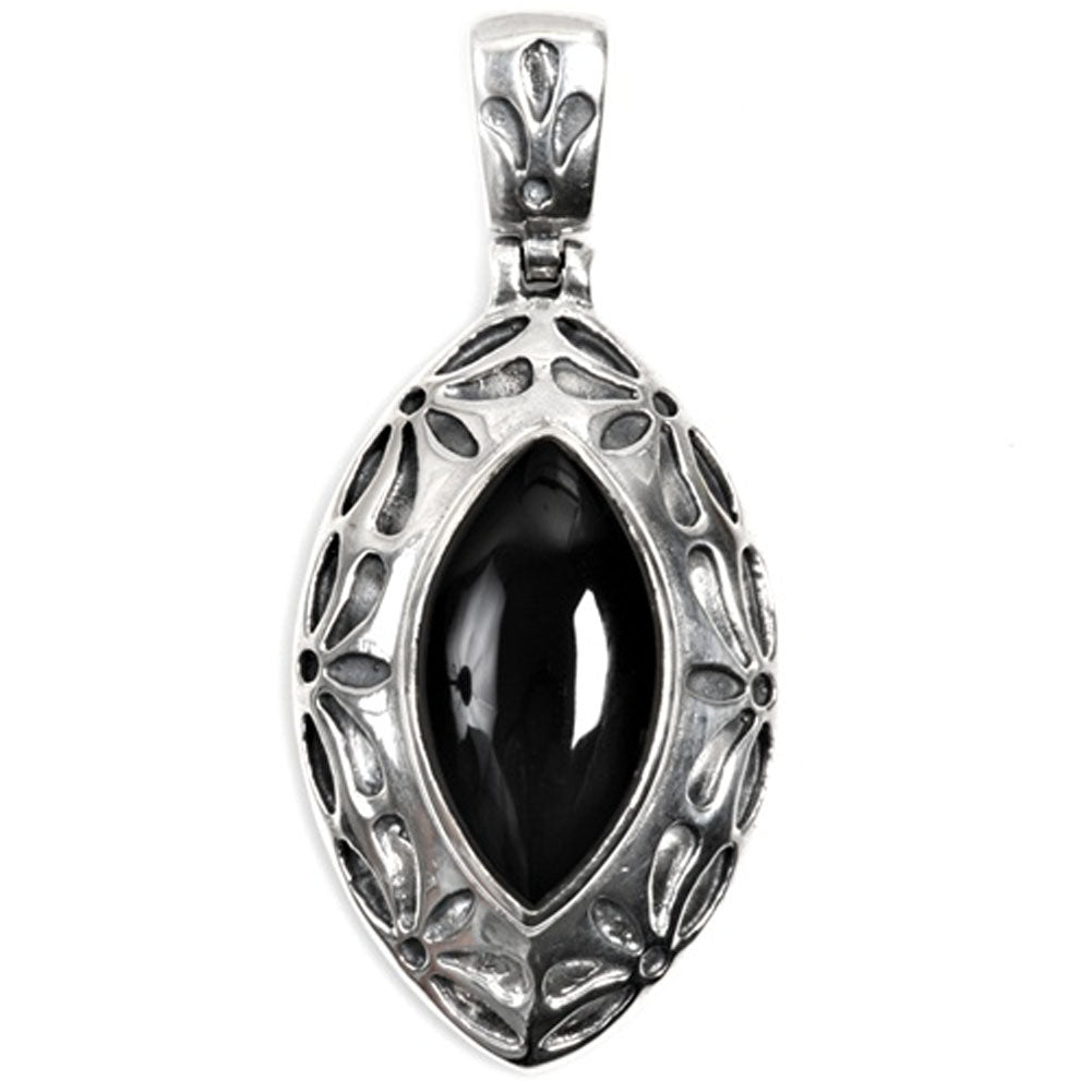 Cutout Floral Marquise Pendant Black Simulated Onyx .925 Sterling Silver Charm