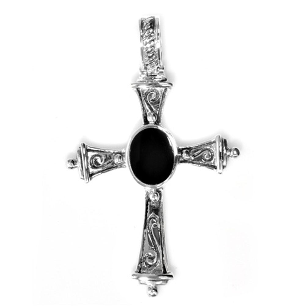 Sterling Silver Tapered Gothic Oval Cross Pendant Black Simulated Onyx Charm