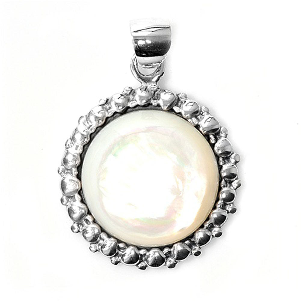 Sterling Silver Bali Style Frame Circle Pendant Simulated Mother of Pearl Charm