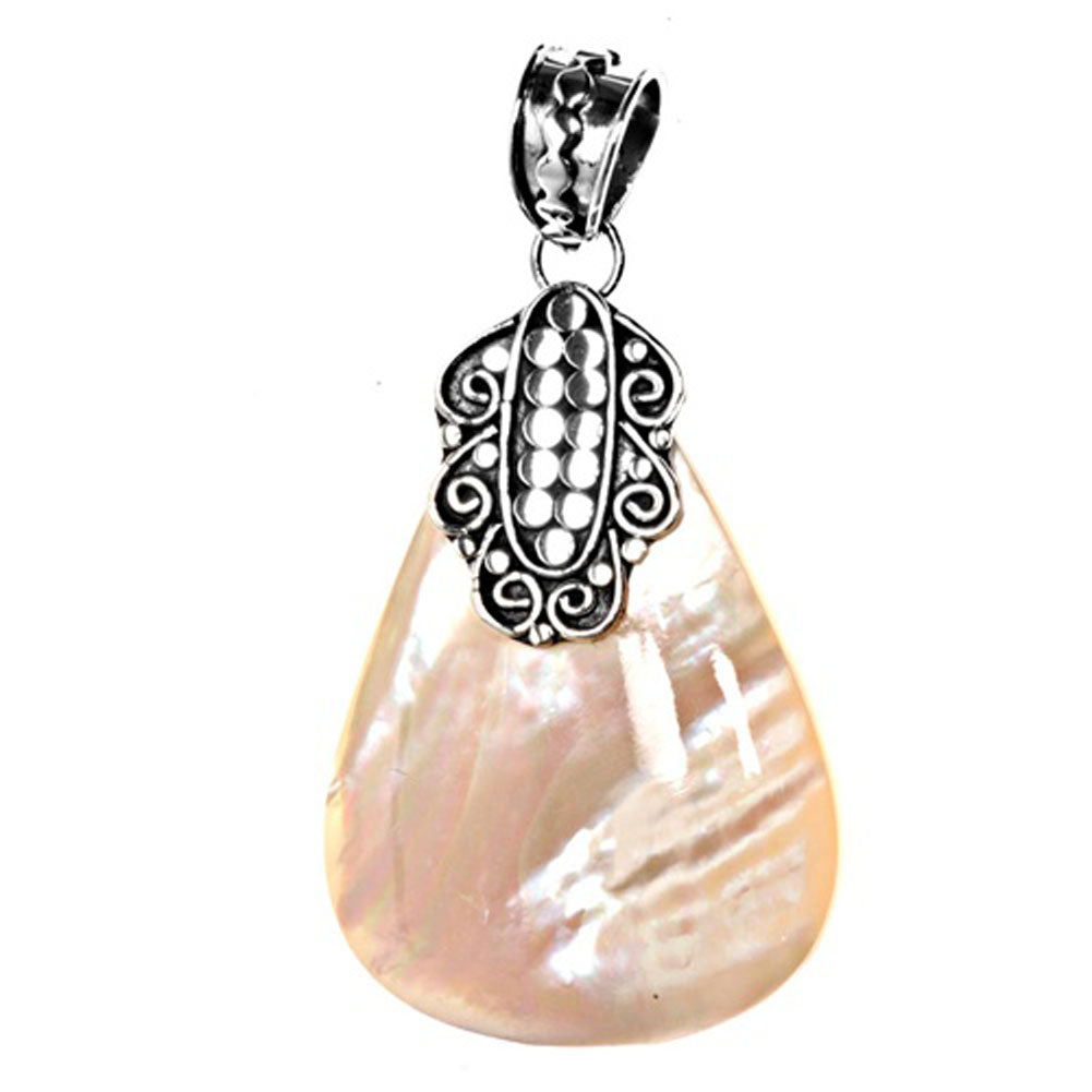 Sterling Silver Bali Style Teardrop Pendant Simulated Mother of Pearl Charm