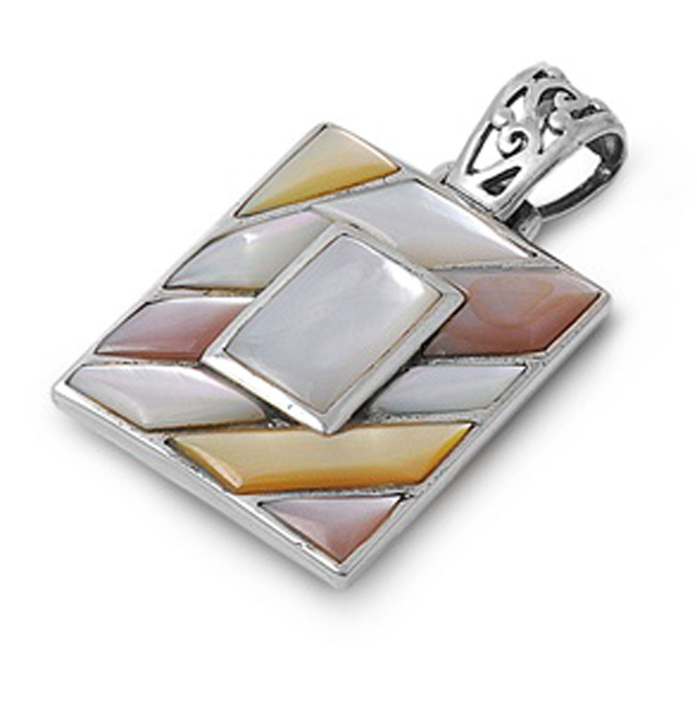 Sterling Silver Tri-Colored Rectangle Pendant Simulated Mother of Pearl Charm